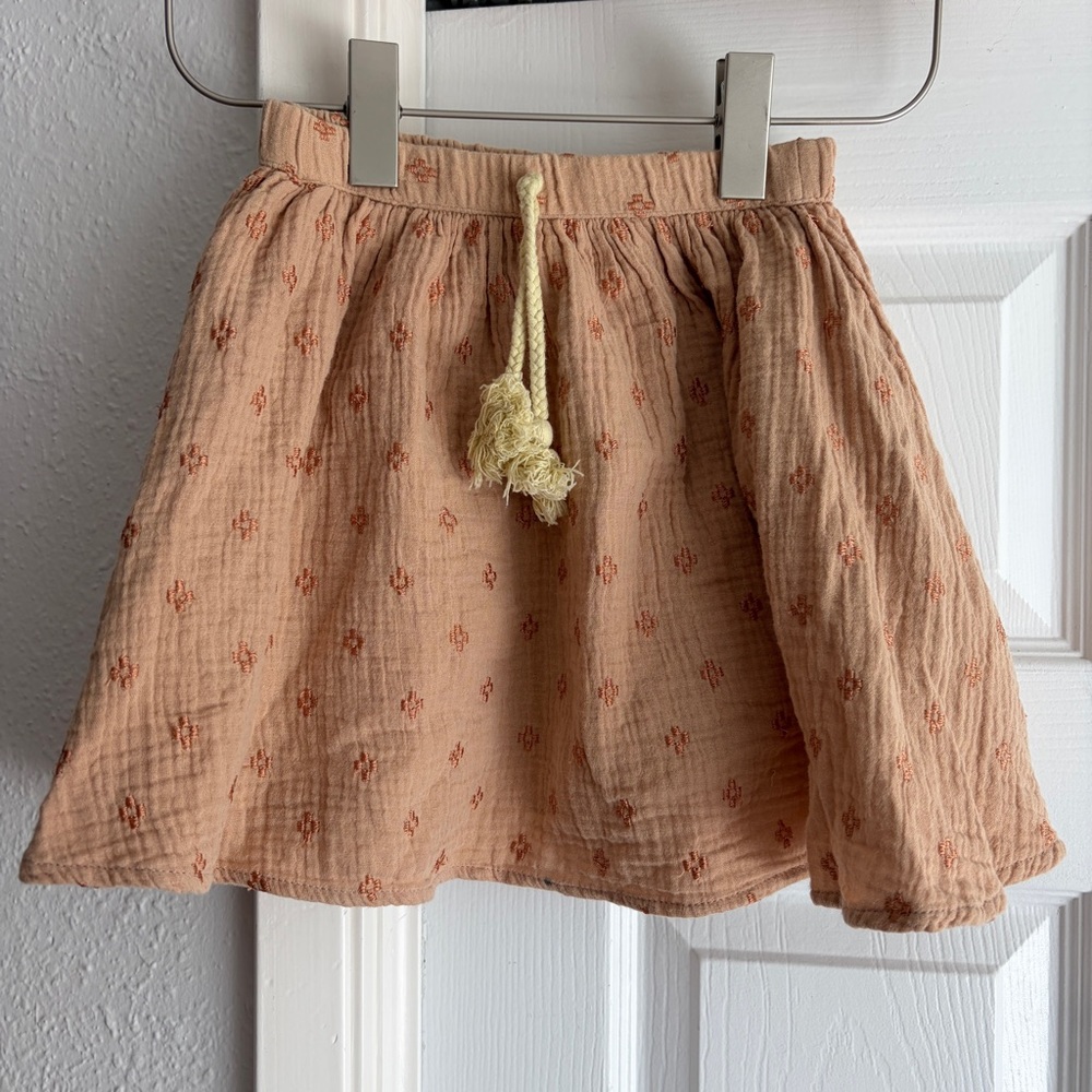 Rylee + Cru 8-9Y Light Peach Cotton Gauze Embroidered Skirt with Drawstring